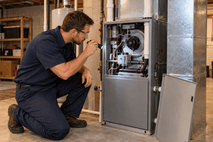 HVAC technician inspecting a residential gas furnace with a flashlight during a maintenance visit.